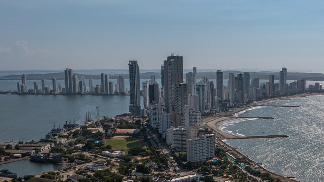 Drone images of Bocagrande in Cartagena, Colombia from above