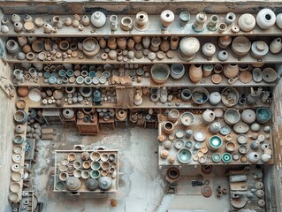 blend a rustic pottery workshop with a sleek, futuristic ceramics lab, illustrating the harmonious balance between ancient and modern methods