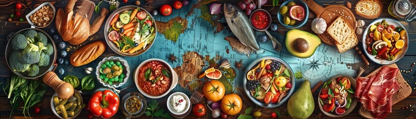 Bring your audience on a mouth-watering journey! Illustrate a high-angle view of a world map entwined with iconic food items from various countrie