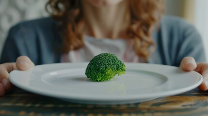 dieting problems, eating disorder - unhappy woman looking at small broccoli portion on the plate