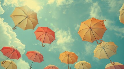 Fototapeta na wymiar Capture a whimsical low-angle view of umbrellas against a cloudy sky, creating a dreamy and nostalgic atmosphere Enhance the image with subtle vintage tones to appeal to audiences seeking a blend