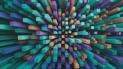 an abstract geometric texture composed of vibrant colored 3D wooden square cubes