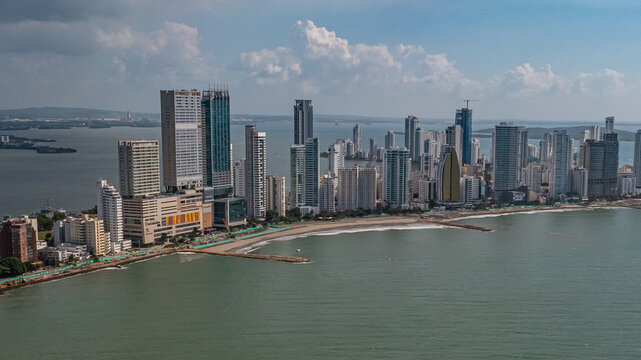 Drone images of Bocagrande in Cartagena, Colombia from above