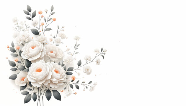 A delicate white floral arrangement in the far left corner against a white background 