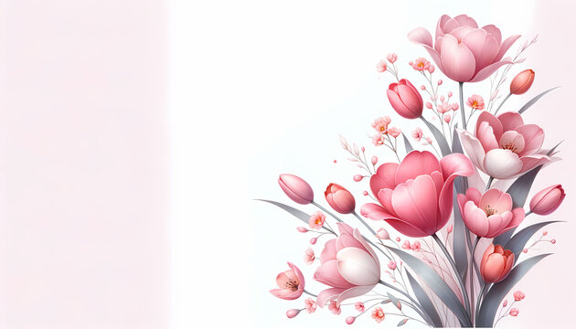 The image captures the essence of a beautiful bouquet of pink tulips, presented in a vector illustration style that radiates spring and love It artistically blends the themes of romance, beauty, and n