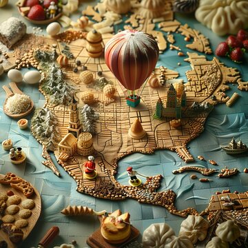 Capture the essence of culinary diversity in a single image! Show a high-angle view of a chefs hat morphing into a hot air balloon, soaring over a map peppered