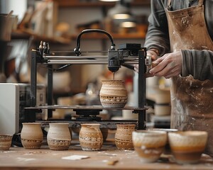 depict a skilled artisan hand-coiling pottery beside a 3D printer crafting intricate ceramic designs, symbolizing past and present techniques