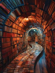 Design a captivating long shot of a winding path made of books with titles in different languages,...
