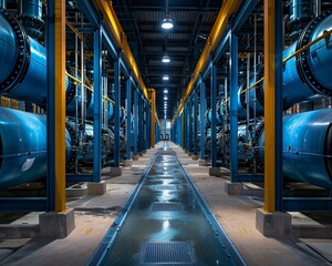Transform the complex workings of water treatment facilities into a visually captivating long shot Emphasize the machinery, pipelines, and purification processes