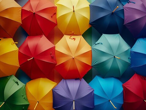 Transform ordinary umbrellas into a vibrant rainbow canopy in a low-angle shot Play with colors and patterns to evoke a sense of joy and protection Perfect