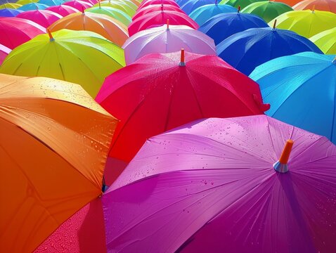 Transform ordinary umbrellas into a vibrant rainbow canopy in a low-angle shot Play with colors and patterns to evoke a sense of joy and protection Perfect