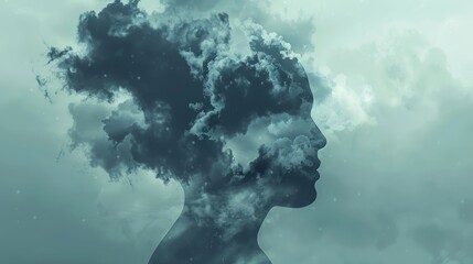 Illustration of mental health concept human silhouette of open mind with clouds covering on with intrusive thoughts disorders against gray background 
