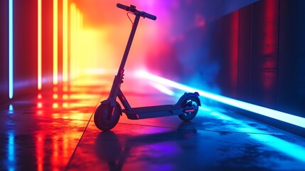 A sleek electric scooter on the road, illuminated by vibrant neon lights against an urban backdrop.