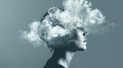 Illustration of mental health concept human silhouette of open mind with clouds covering on with intrusive thoughts disorders against gray background 