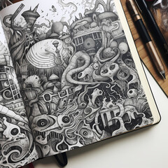 A close-up of an artists sketchbook filled with doodles
