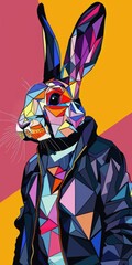 Happy Easter Rabbit in Geometric Mask on Cheerful Rock Background - A Short-Eared Rabbit Wearing a Geometric Mask and Jacket