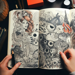 A close-up of an artists sketchbook filled with doodles