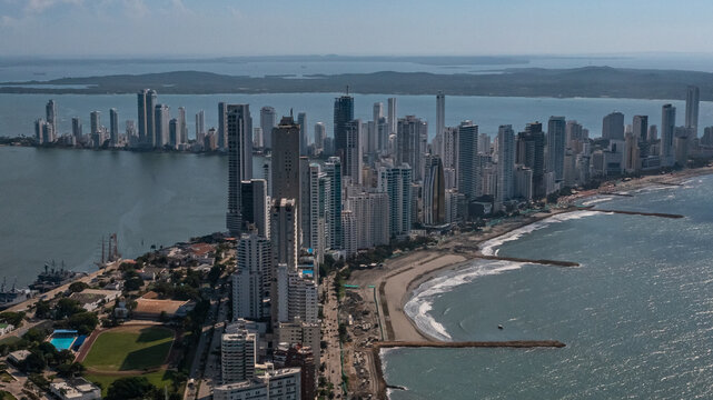 Drone image of Bocagrande in Cartagena, Colombia from above