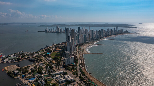 Drone image of Bocagrande in Cartagena, Colombia from above