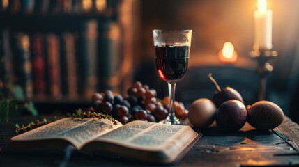 Remembrance of Lord's Supper with Holy Bible and Wine | Easter Communion and Spirituality Symbols - obrazy, fototapety, plakaty