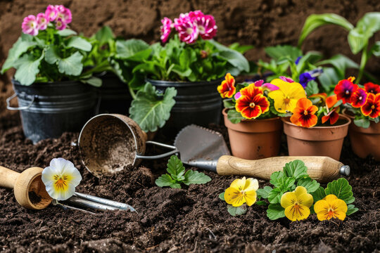Planting spring flowers in the garden, with gardening tools and flowers placed on the soil.