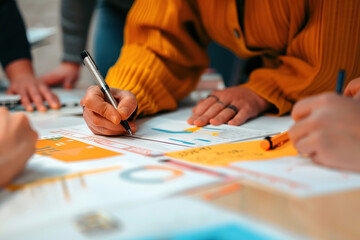 Close-up of marketing professionals analyzing graphs and data.