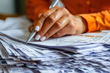 Close-up of hand reviewing financial documents.