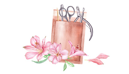Manicure tools in paper heat drybag. Nail scissors, stick, trimmer, cuticle pusher. Sterilization of nail instruments. Tropical pink flowers, alstroemeria. Watercolor illustration isolated on white. - obrazy, fototapety, plakaty