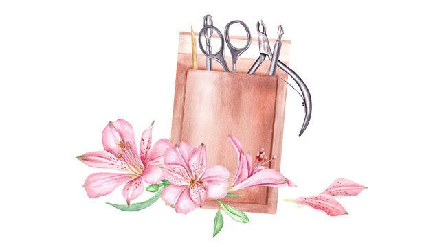 Manicure tools in paper heat drybag. Nail scissors, stick, trimmer, cuticle pusher. Sterilization of nail instruments. Tropical pink flowers, alstroemeria. Watercolor illustration isolated on white.