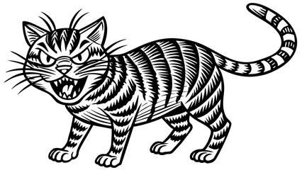 "Fiery Striped Cat: Hand-Drawn Doodle Illustration for Cat Lovers"