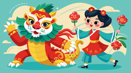 "Traditional Chinese Lion Dance Featuring a Chinese Girl: Hand-Drawn Illustration"