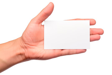 Obraz premium Hand man coming from the left Holding Blank Card with the palm of the hand open isolated on a clipped PNG transparent background . Business card mock up