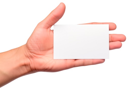 Hand man coming from the left Holding Blank Card with the palm of the hand open isolated on a clipped PNG transparent background . Business card mock up
