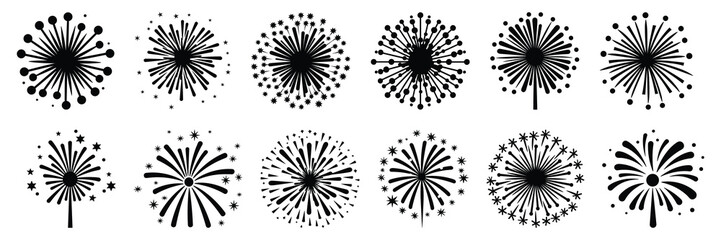 Fireworks silhouettes set, large pack of vector silhouette design, isolated white background