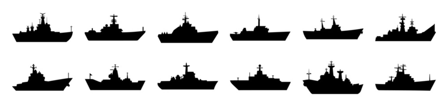 Warship navy silhouettes set, large pack of vector silhouette design, isolated white background.