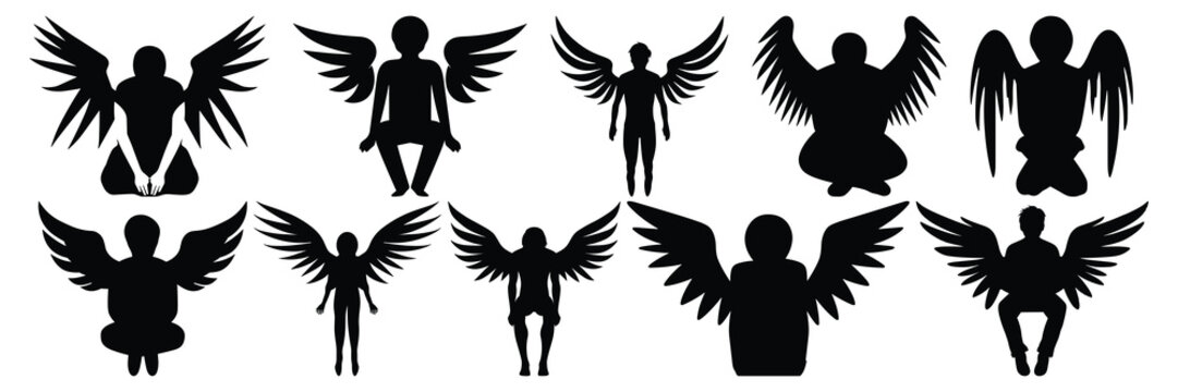 Angel falling silhouettes set, large pack of vector silhouette design, isolated white background