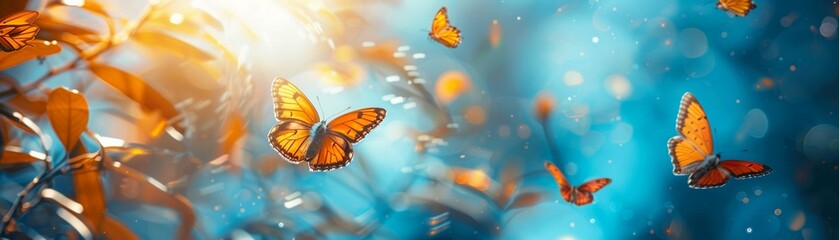 Butterfly migration path, colorful flutter, sunny day, magical natural phenomenon , close-up - obrazy, fototapety, plakaty