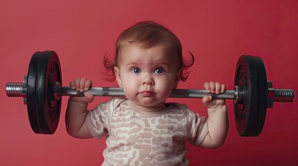 Strong-Willed Baby: Lifting Heavy Barbell with Determination on Red Background