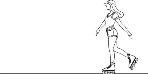 continuous single line drawing of young woman on inline skates, line art vector illustration