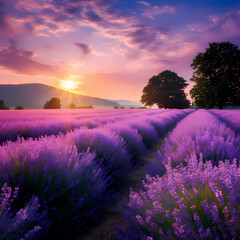 A field of blooming lavender in the countryside.