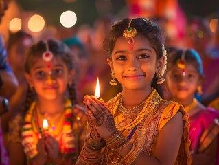 Cultural festival participation, family in traditional attire, vibrant evening, cultural celebration , photographic style
