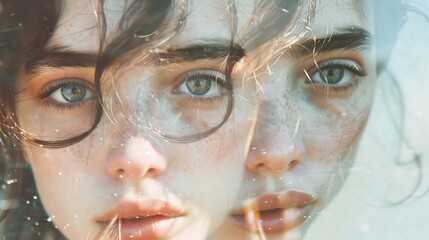 Multiple identities. Close-up photo of a young pretty brunette girl who is looking in the camera while internally suffering from a dissociative identity disorder. Double exposure.