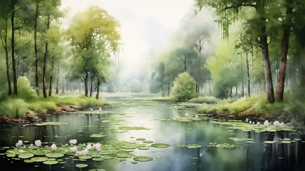 Keuken spatwand met foto Watercolor landscape art featuring tranquil pond encircled by weeping willows and lily trees. © NaphakStudio