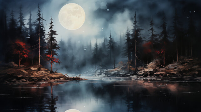 A watercolor painting of Serene river scene with full moon casts reflections amid dense pine forest, capturing tranquility.