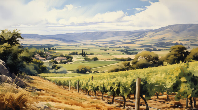 Watercolor depiction of idyllic landscape: traditional farmhouse amidst green rolling hills and vineyards.
