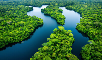 Aerial view of Amazon rainforest in Brazil, South America. Green forest. Bird`s-eye view.