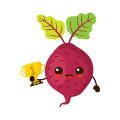 Cute happy beet vegetable with gold trophy. Vector flat fruit cartoon character illustration icon design