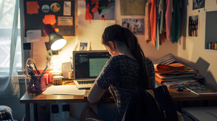 A college student sitting at her desk in her dorm room, studying, with details of the student's concentration, the dorm room's organized layout, and the study materials that are being used. - obrazy, fototapety, plakaty