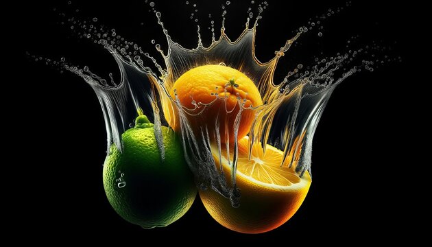Lime, lemon, and orange drop into water, splash captured on black background. Photograph of lemon, lime, and orange splash in water, captured against black.