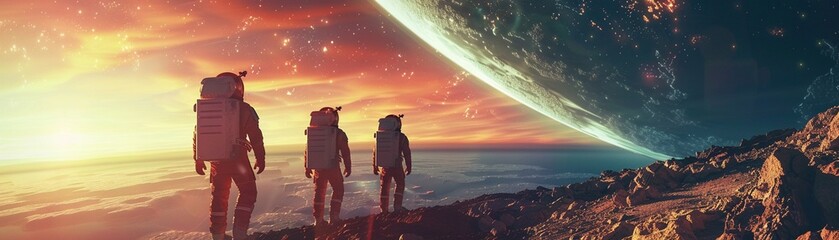 Space explorers on a mission to colonize a distant planet - obrazy, fototapety, plakaty